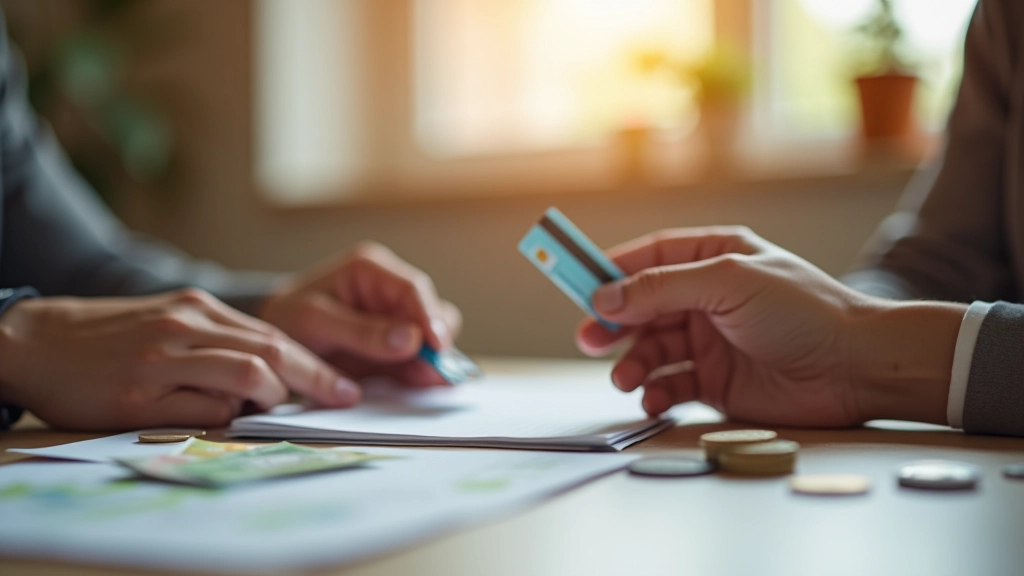 Ruky držící bankovní karty a spořicí knížka s peníze v pozadí