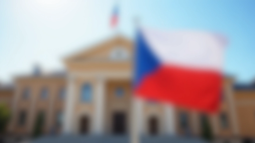 Foto ústřední budovy České republiky, české vlajky a seznamovací symbol státní podpory