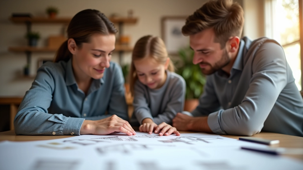 Rodina se dívá na plány nového domu, na stole leží papíry a kalkulačka