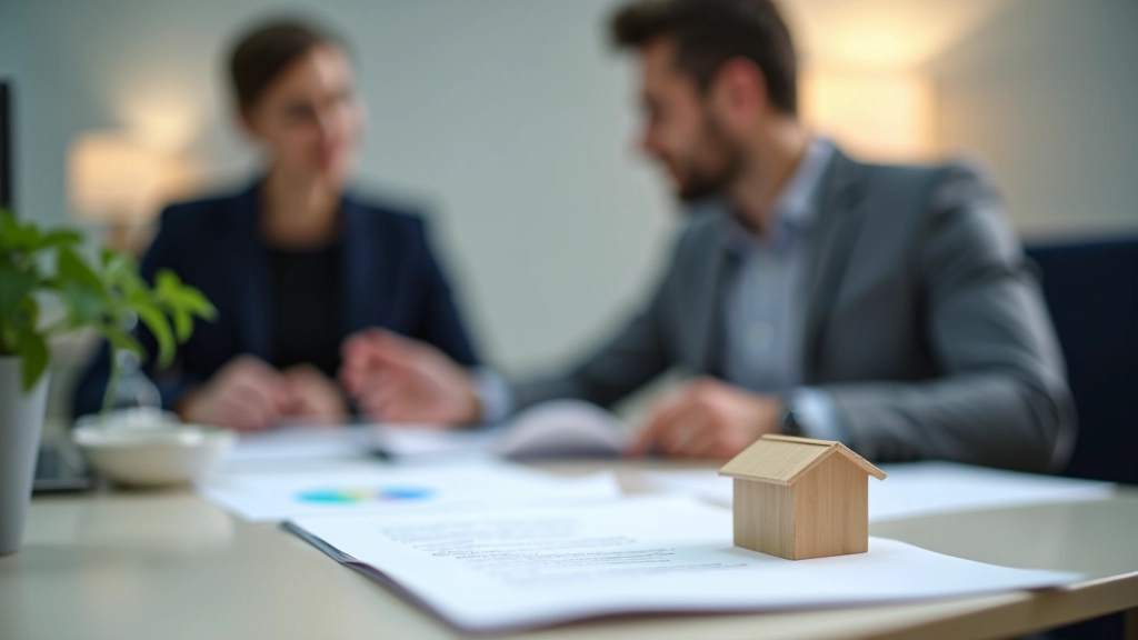 Muž při konzultaci s poradcem, papíry rozložené na stole, domovní model v pozadí