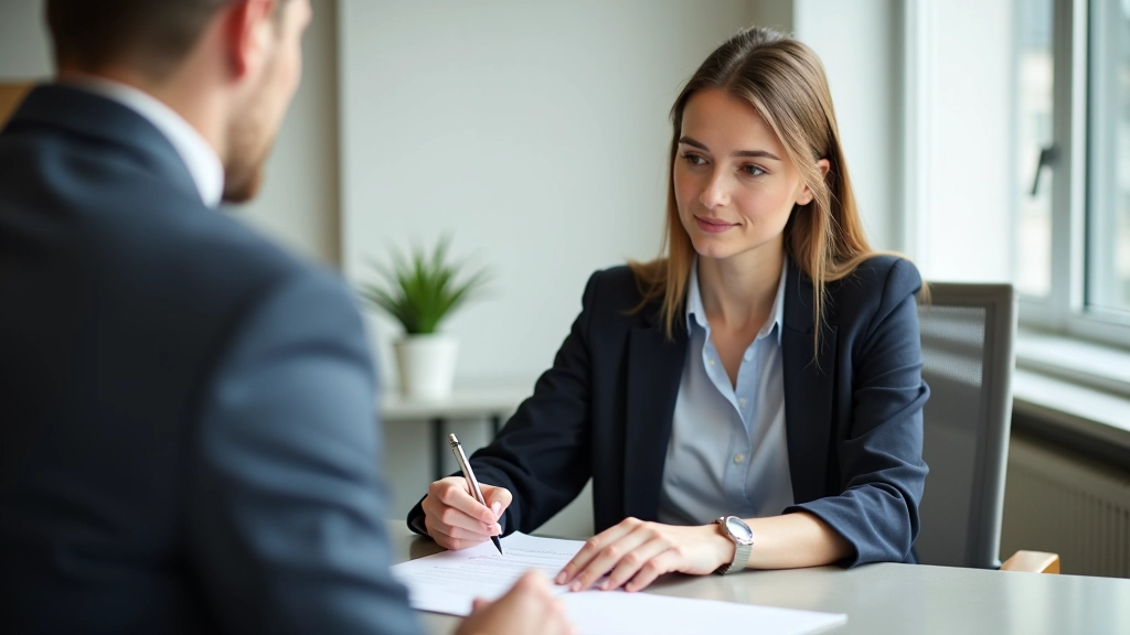 Mladá žena při podpisování stavebního spořitelního smlouvy u stolu s finančním poradcem a dokumenty